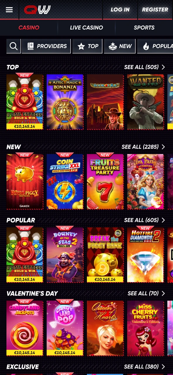 Explore the casino section on Quickwin application.