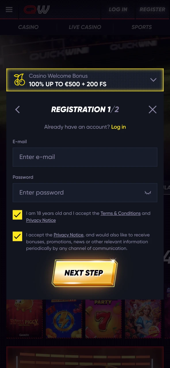 Open the registration form using the button on Quickwin app.