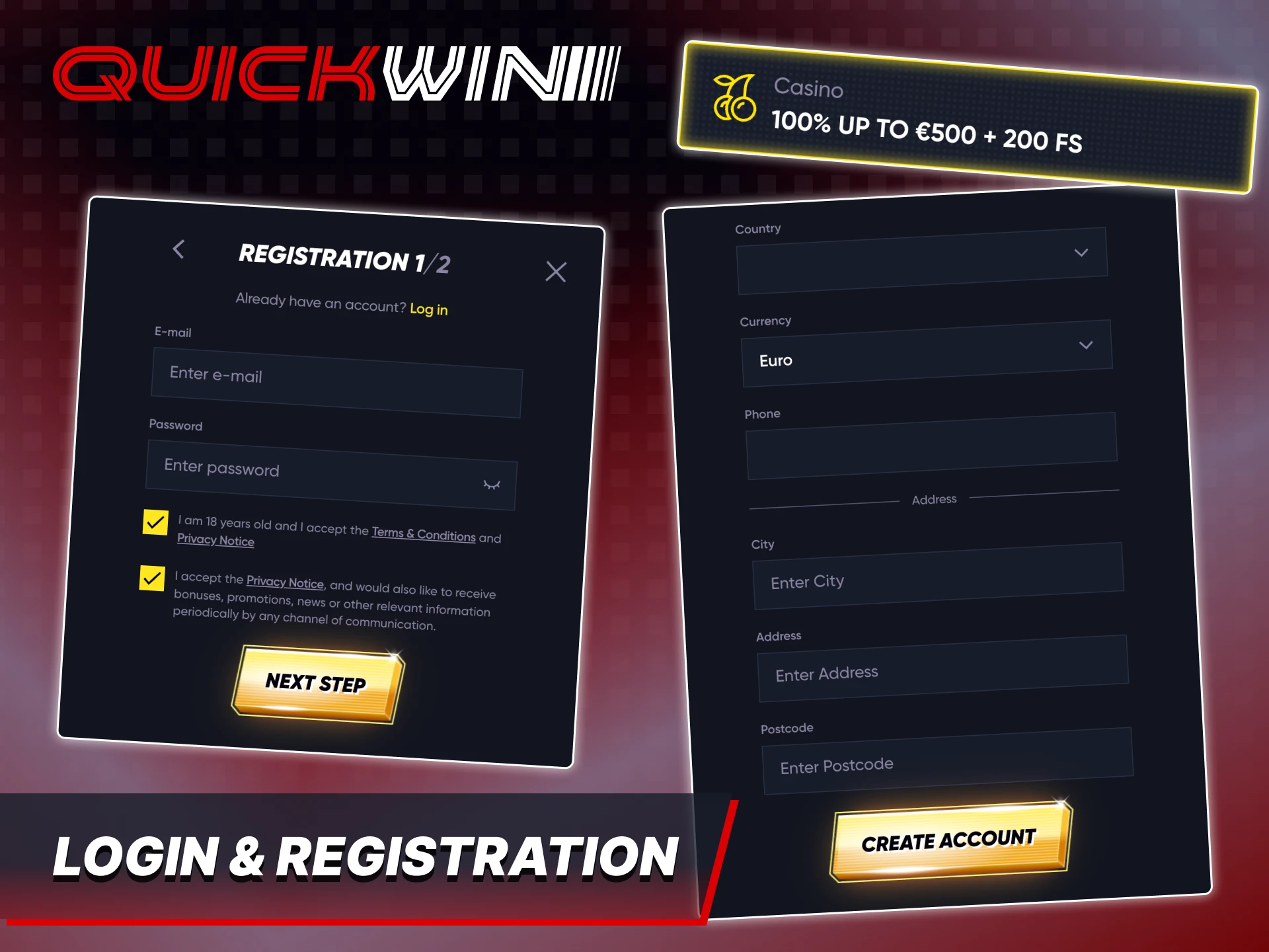 Start from registering your personal account at Quickwin Casino.