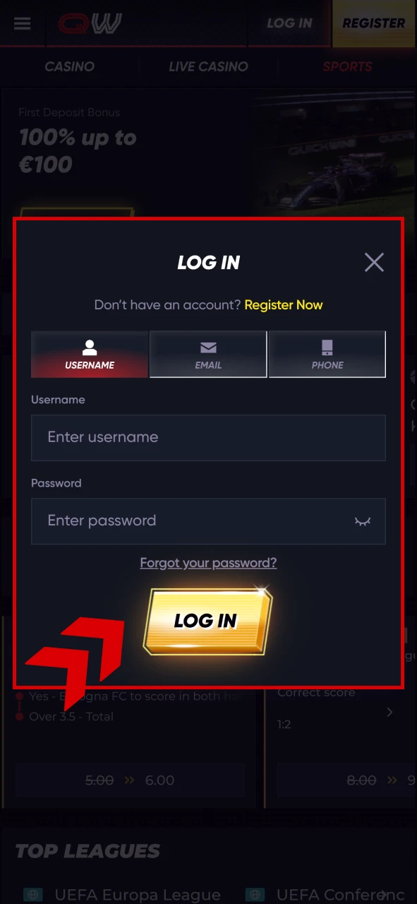 Open the Quickwin app and press login button.