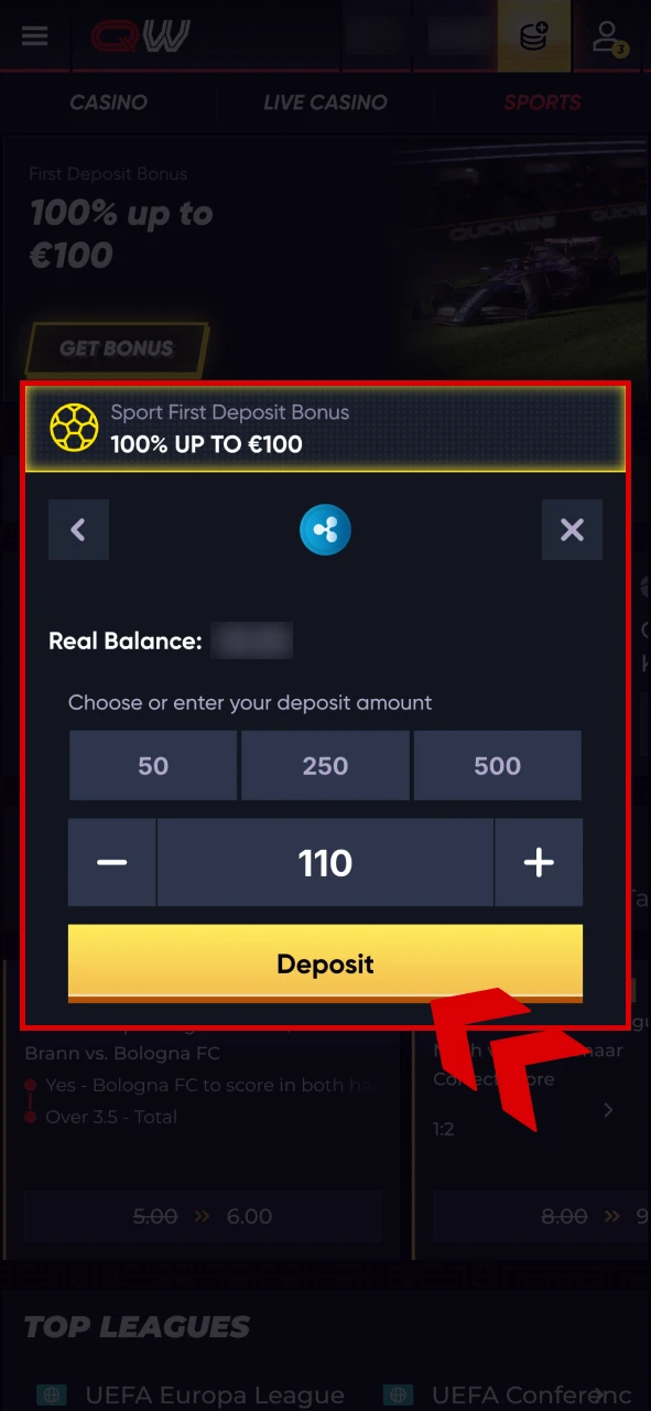 Complete the deposit process on Quickwin mobile app.