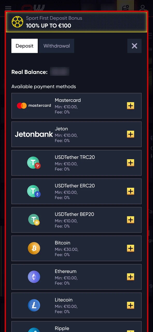 Select the deposit method at Quickwin cashier box.