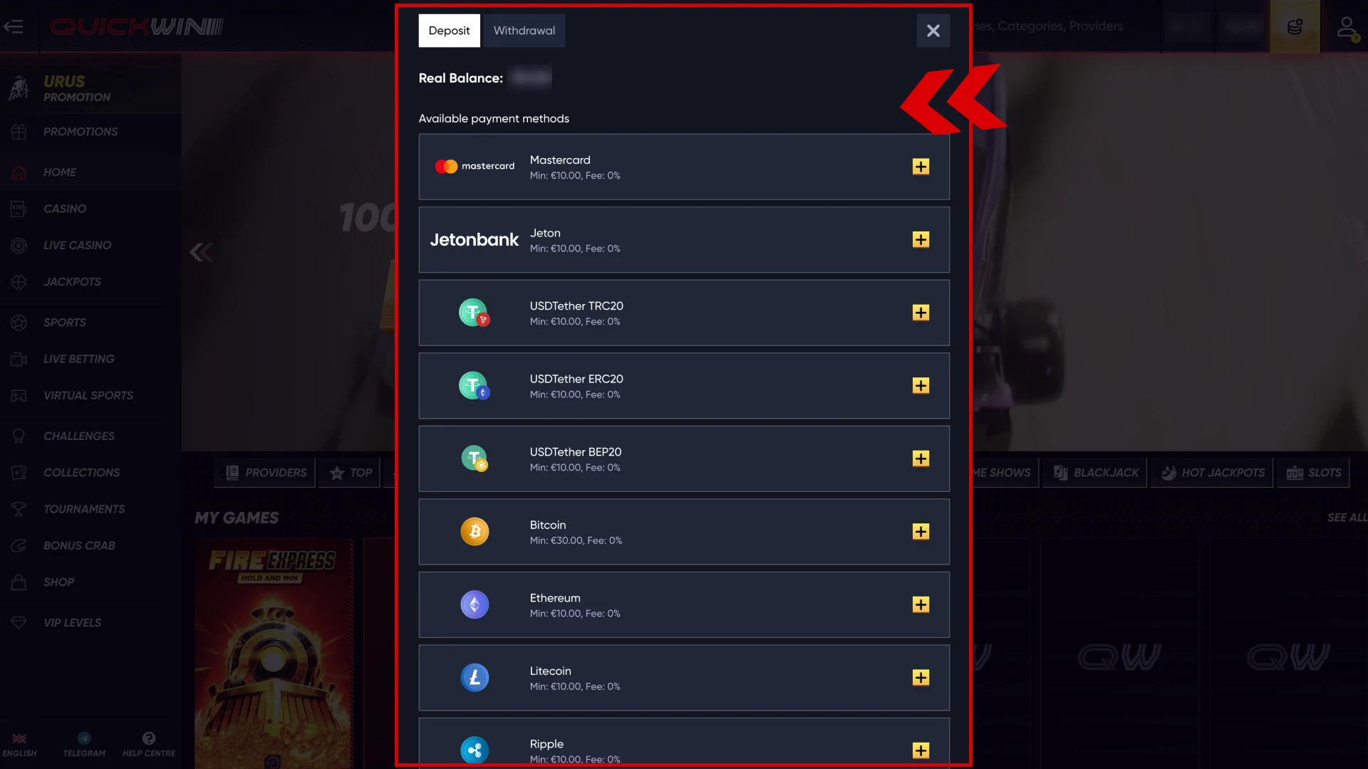 Press the deposit button to top up your Quickwin account.