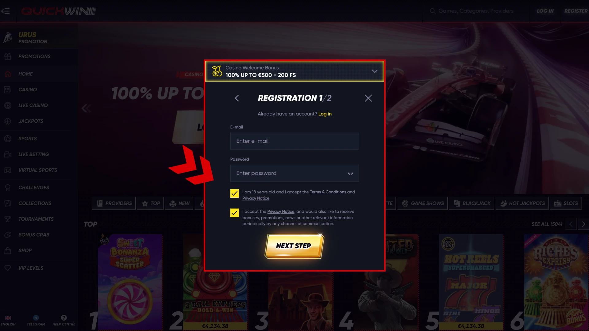 Register at Quickwin to start playing live casino games.