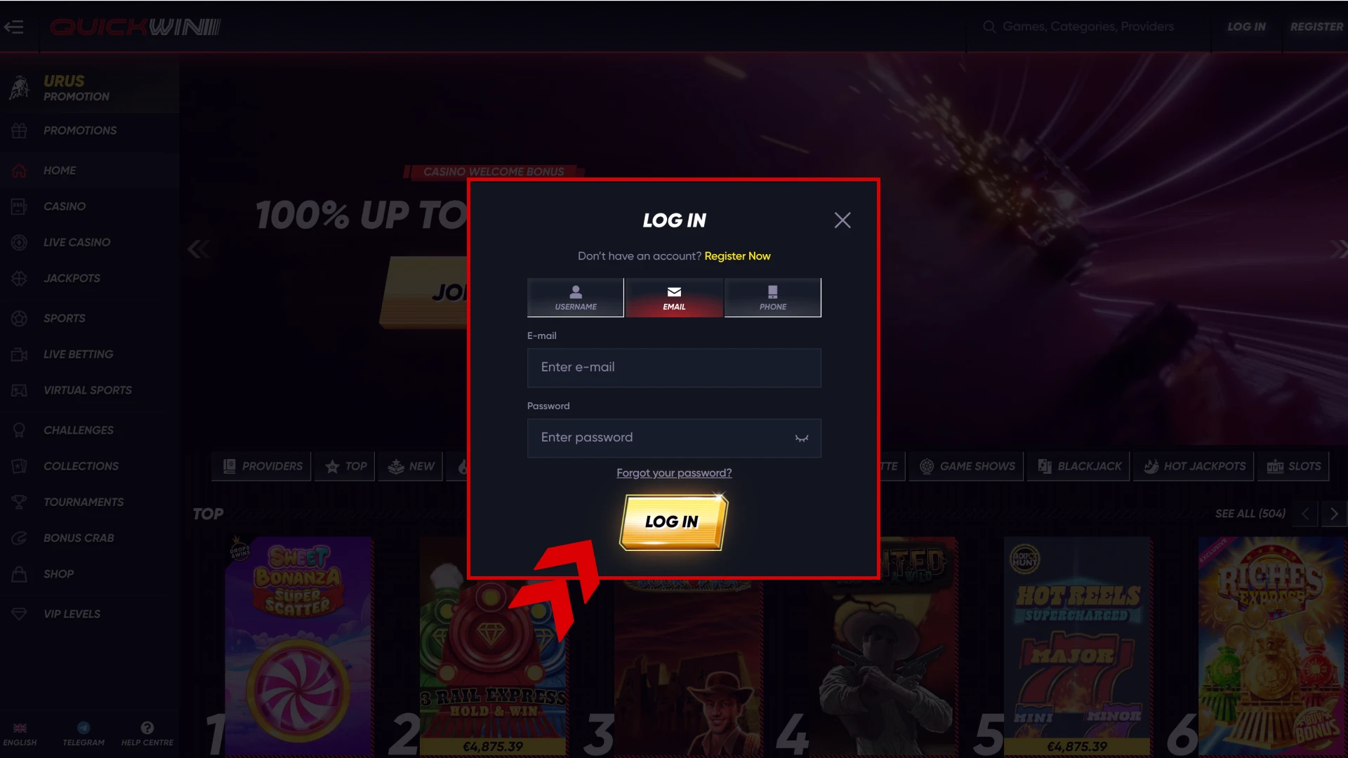 Press the button to log into your Quickwin account.