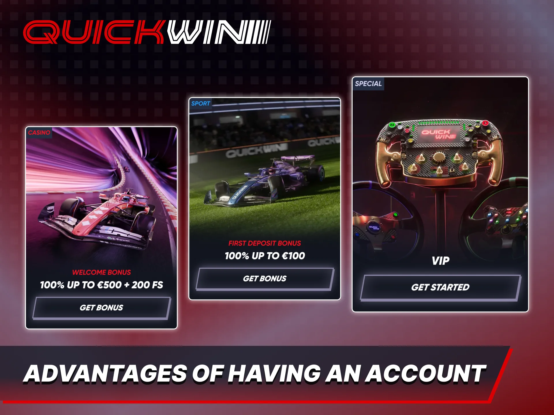 Get advantages of having an account at Quickwin official site.
