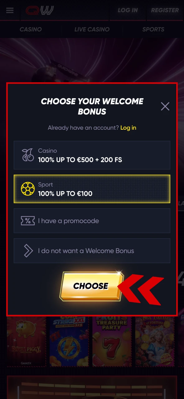 Choose the Quickwin welcome bonus in the form.