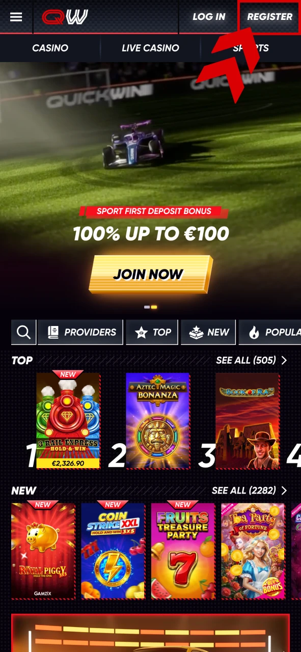 Open the Quickwin app on your device and tap register.