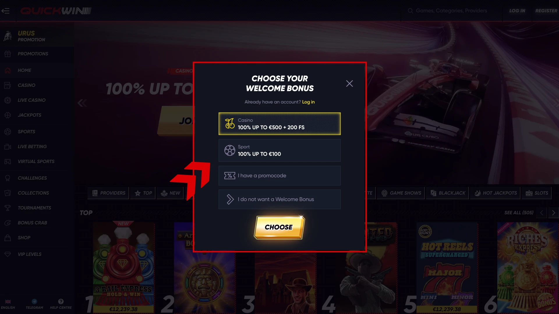 Choose the welcome offer provided at Quickwin registration.