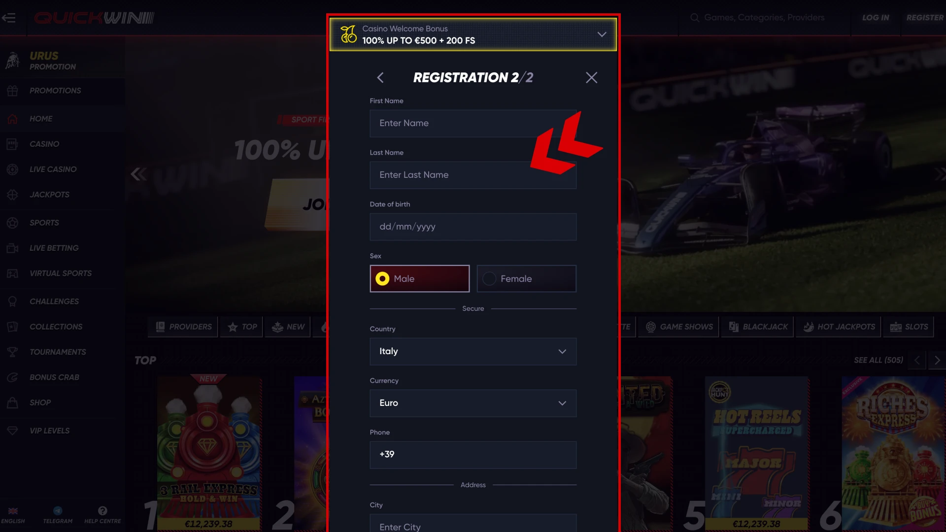 Fill in the necessary personal details in the Quickwin form.