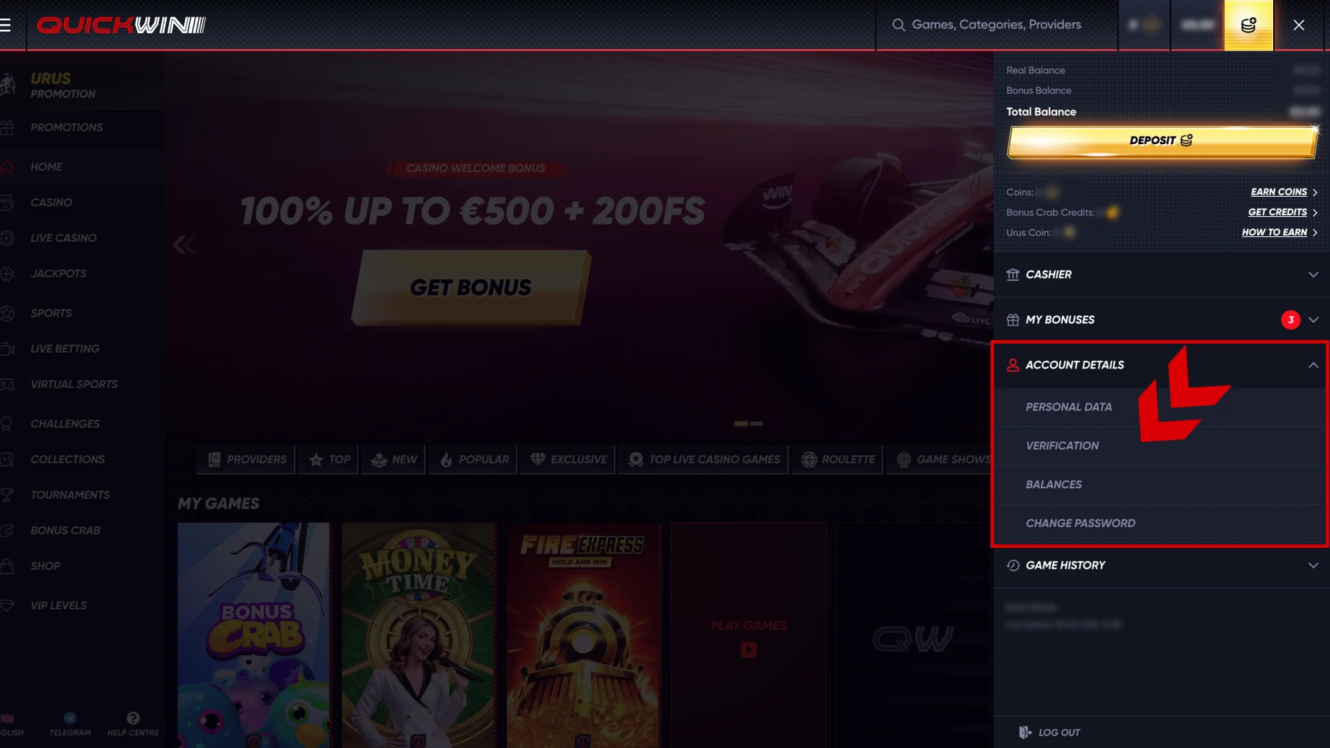 In the Quickwin account details choose verification option.