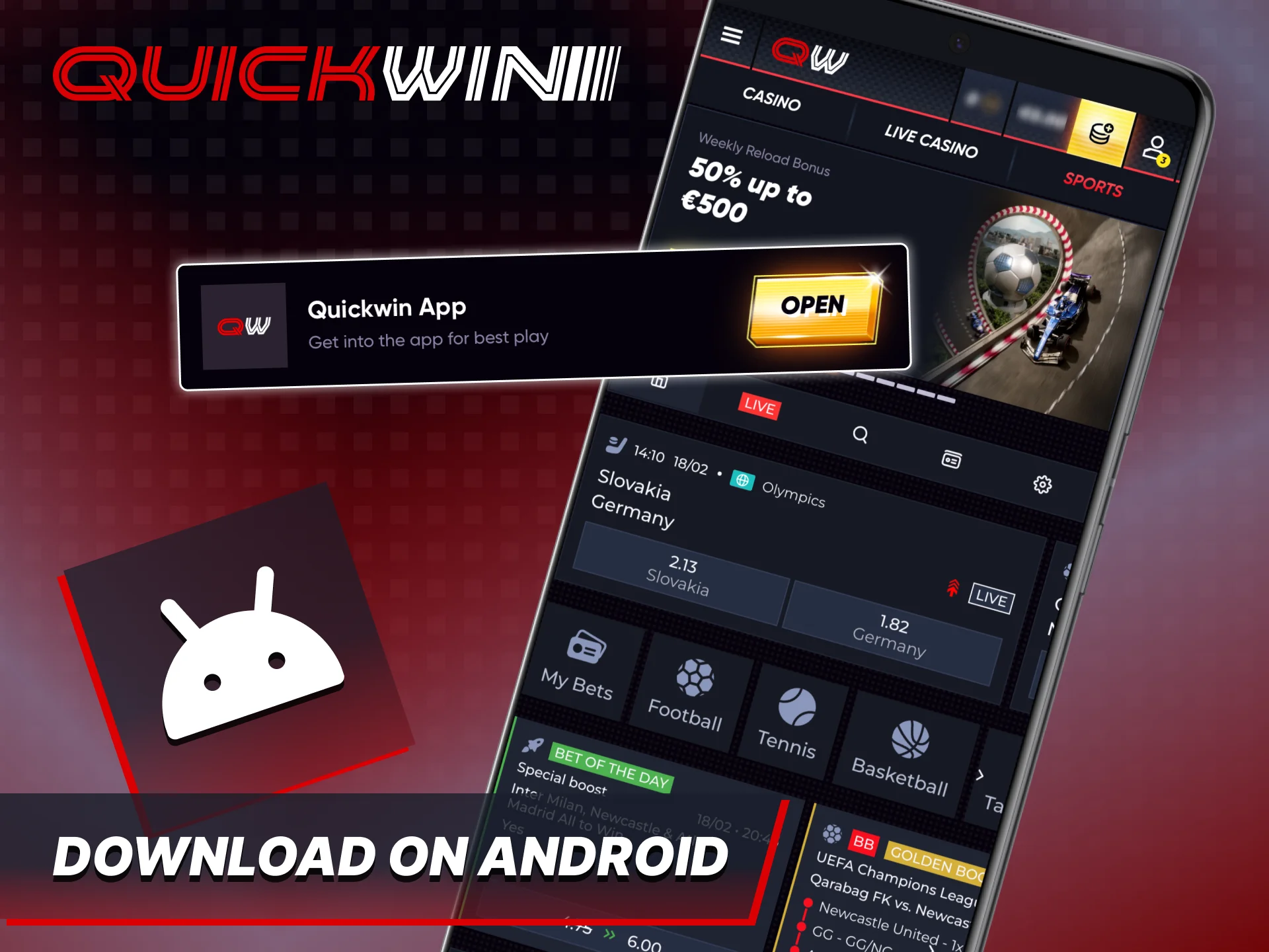 Experience mobile betting with Quickwin app for Android.