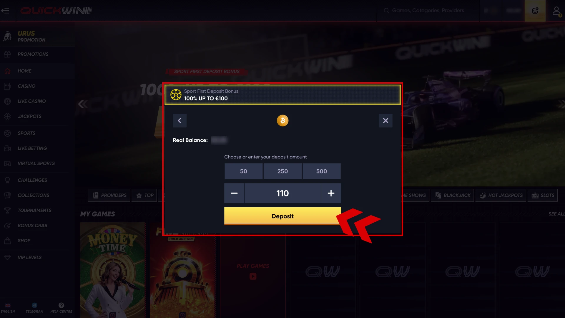Choose the deposit method and top up your Quickwin account.