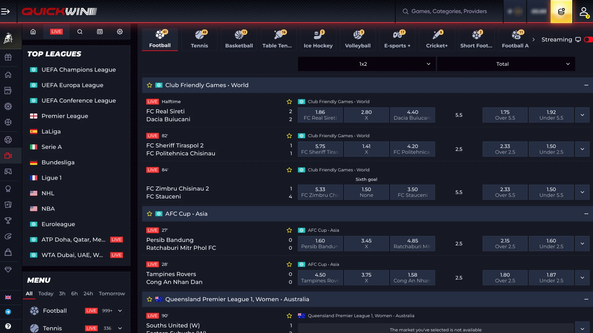 Locate the sportsbook section at Quickwin platform.