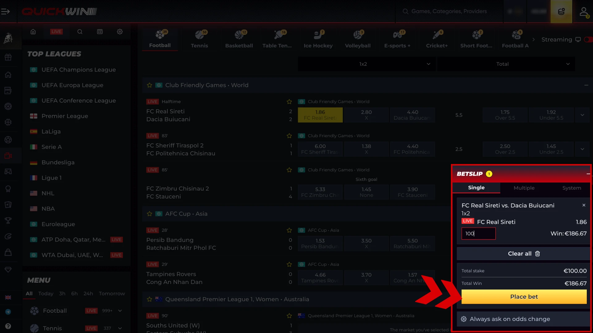 Select the match and place your bet at Quickwin website.
