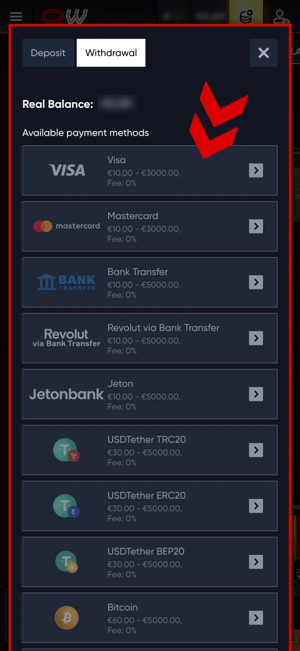 Select the Quickwin withdrawal method you’d like to use.