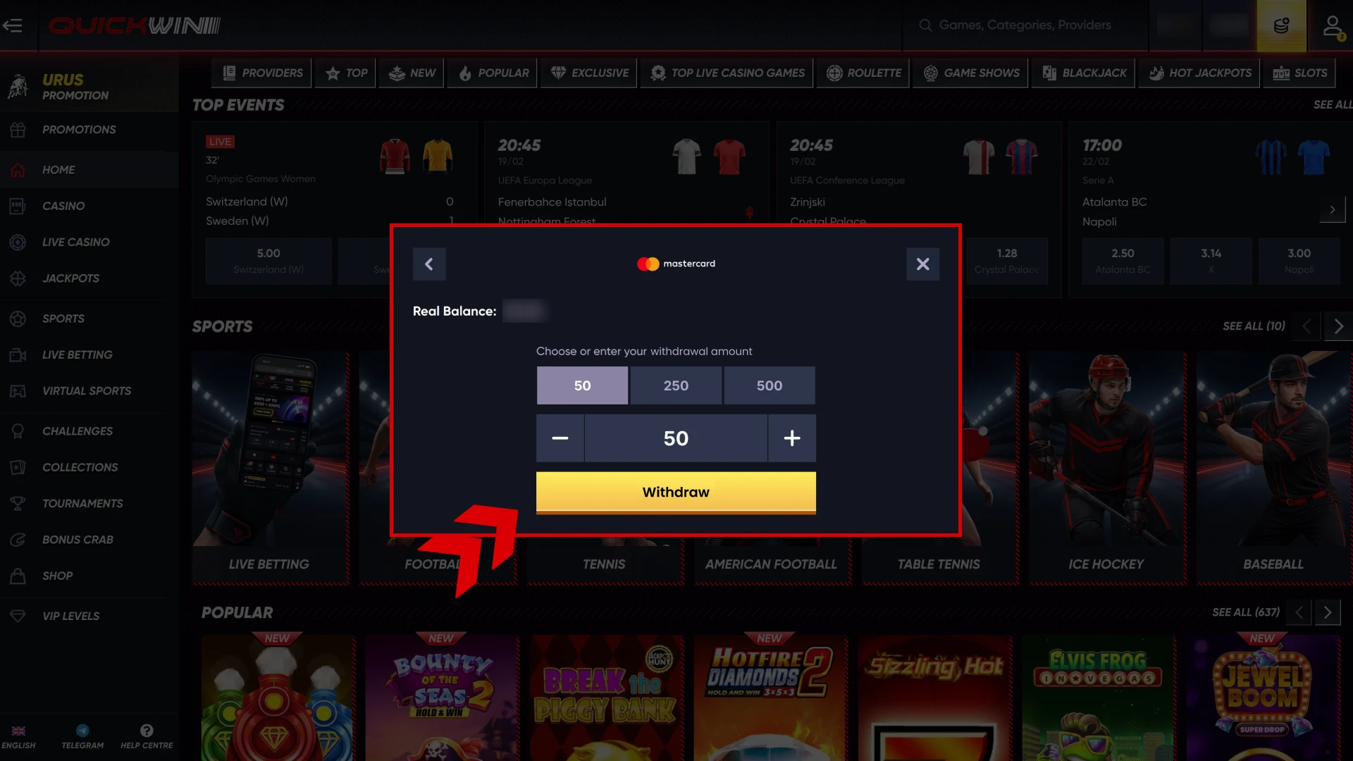 Confirm the withdrawal process at Quickwin website.